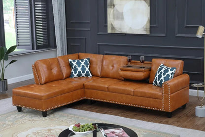 98" L-Shaped Sectional Sofa with Chaise, Cup Holders & Coffee Table.
