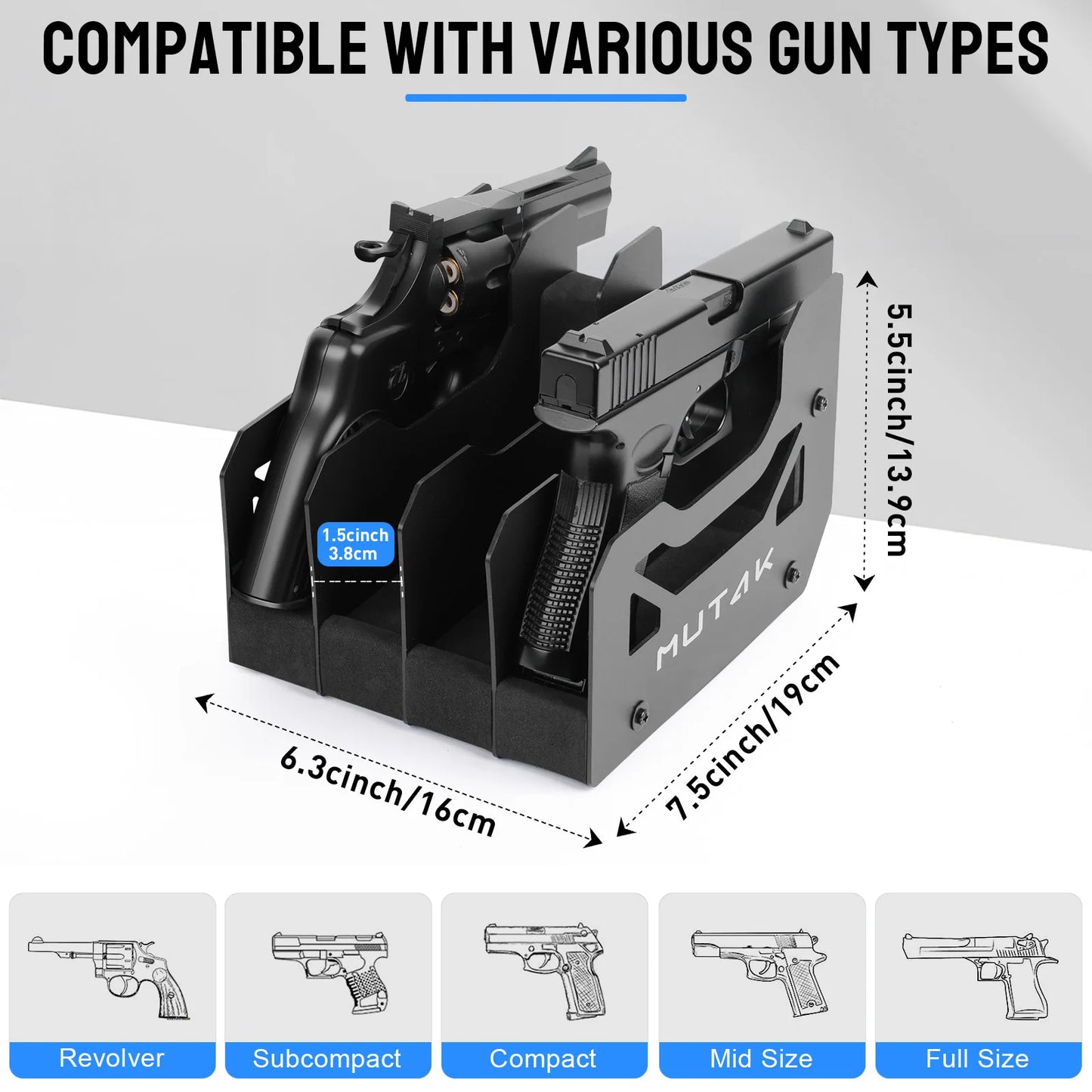 4/6/8 Slot Foam Pistol Rack for Gun Safe, Handgun Rack with Anti-slip Magnetic Strip.