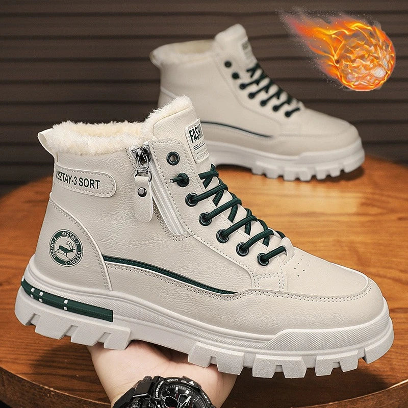 New winter plush thick warm men cotton shoes, trendy outdoor high top male boots.