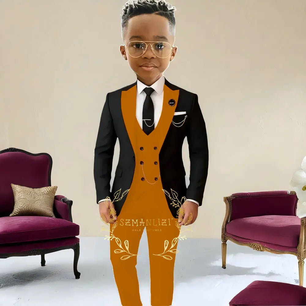 Boys Suit , Tuxedo Black Jacket, Beige Pants ,Vest 3 Pieces Set Kids 2-16 Years Old.