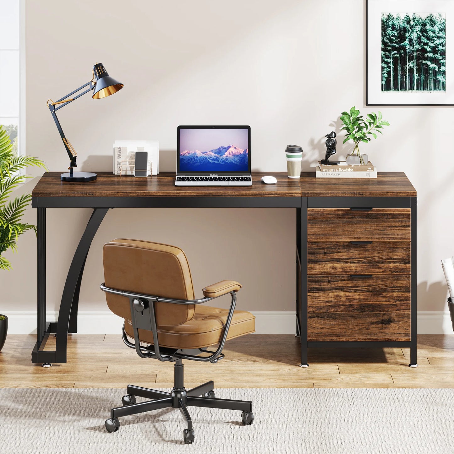 Computer Desk with 3 Drawers, 59-Inch PC Desk with Reversible Drawers, Industrial Study Table Workstation.