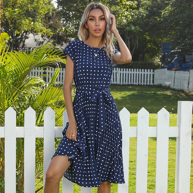 Summer Dresses For Women High Waist Midi Elegant Pleated Polka Dots , Dinner Party Vacation Dress.