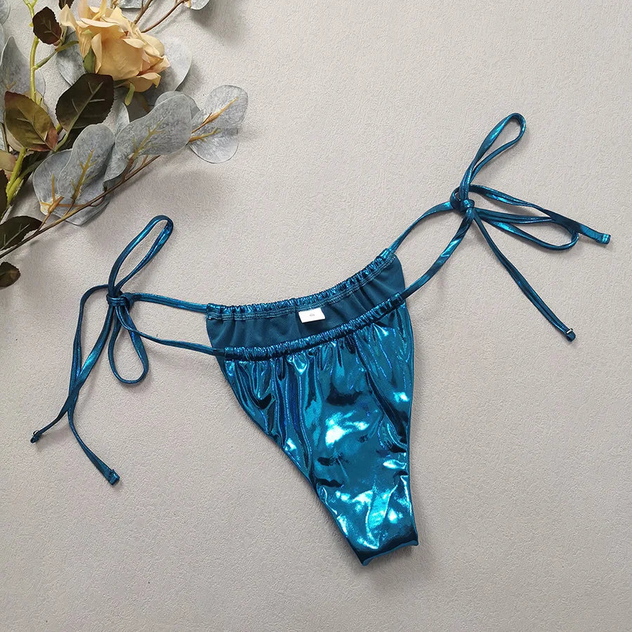Gem Blue Glossy Bikini , Summer Beach Vacation Outfits, Thong Bathing Suit.