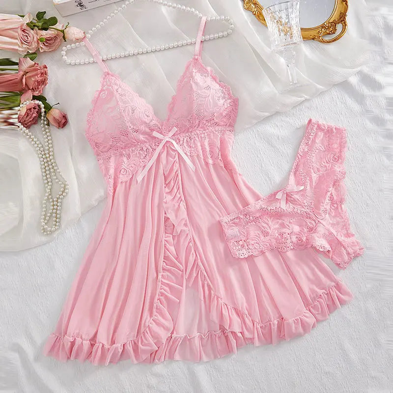 2 Pcs Set Lace Nightgown, Women Exquisite Nighties Transparent V-Neck Bra Panty Sets.