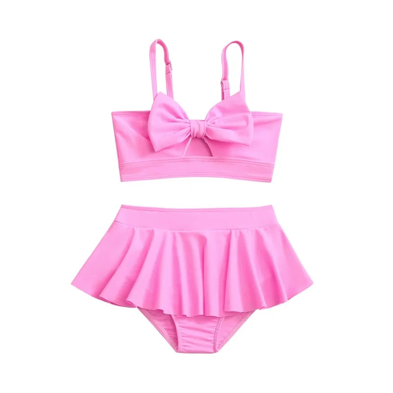 Girls Bow Bikini Two Pieces Swimsuit, Kids Ruffle Skirt, 5-14 Years Teenager Beach Wear.