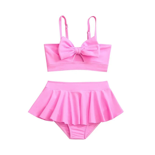 Girls Bow Bikini Two Pieces Swimsuit, Kids Ruffle Skirt, 5-14 Years Teenager Beach Wear.