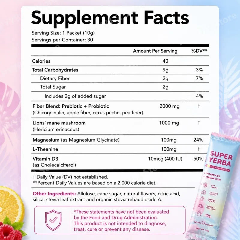 Yerba Instant Powder 30 Packets, Contain Raspberry Lemonade Flavor, Vitamin D3 Prebiotics Support Gut Clean and Provide Energy.