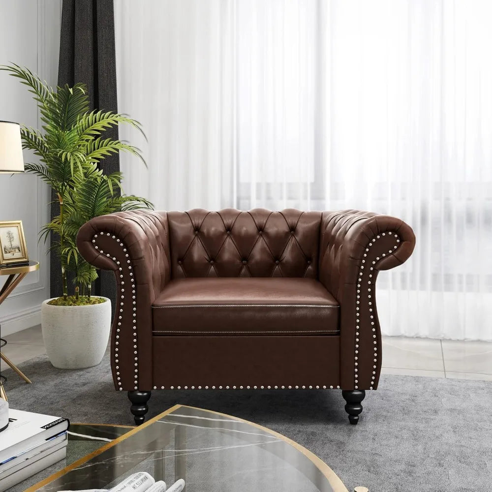 2pc Modern Tufted Faux Leather Living Room Sofa Set With Button & Nailhead Trim Scroll Arms, Grey, Customized