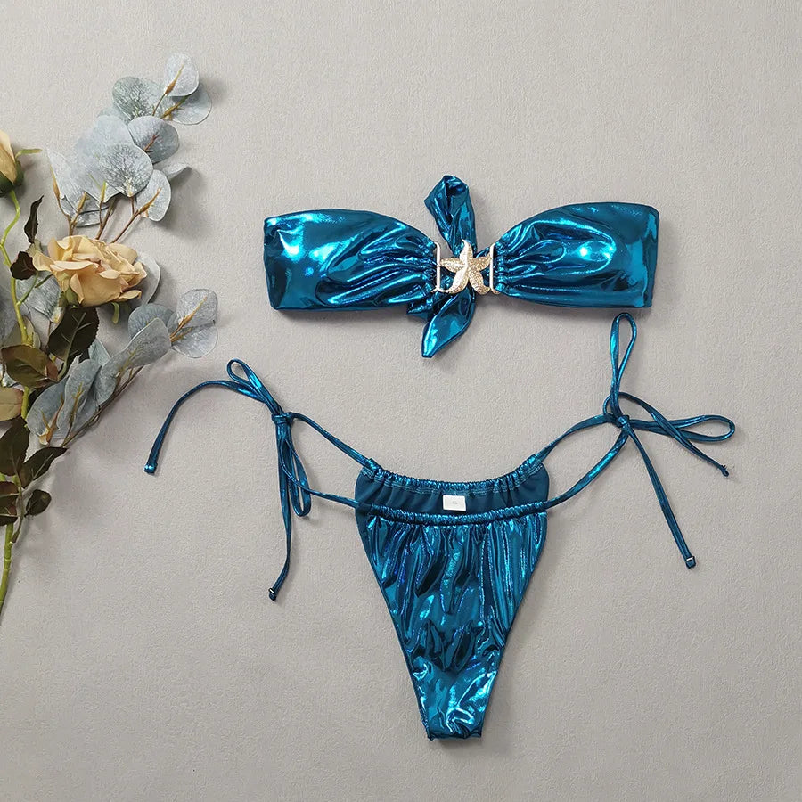Gem Blue Glossy Bikini , Summer Beach Vacation Outfits, Thong Bathing Suit.