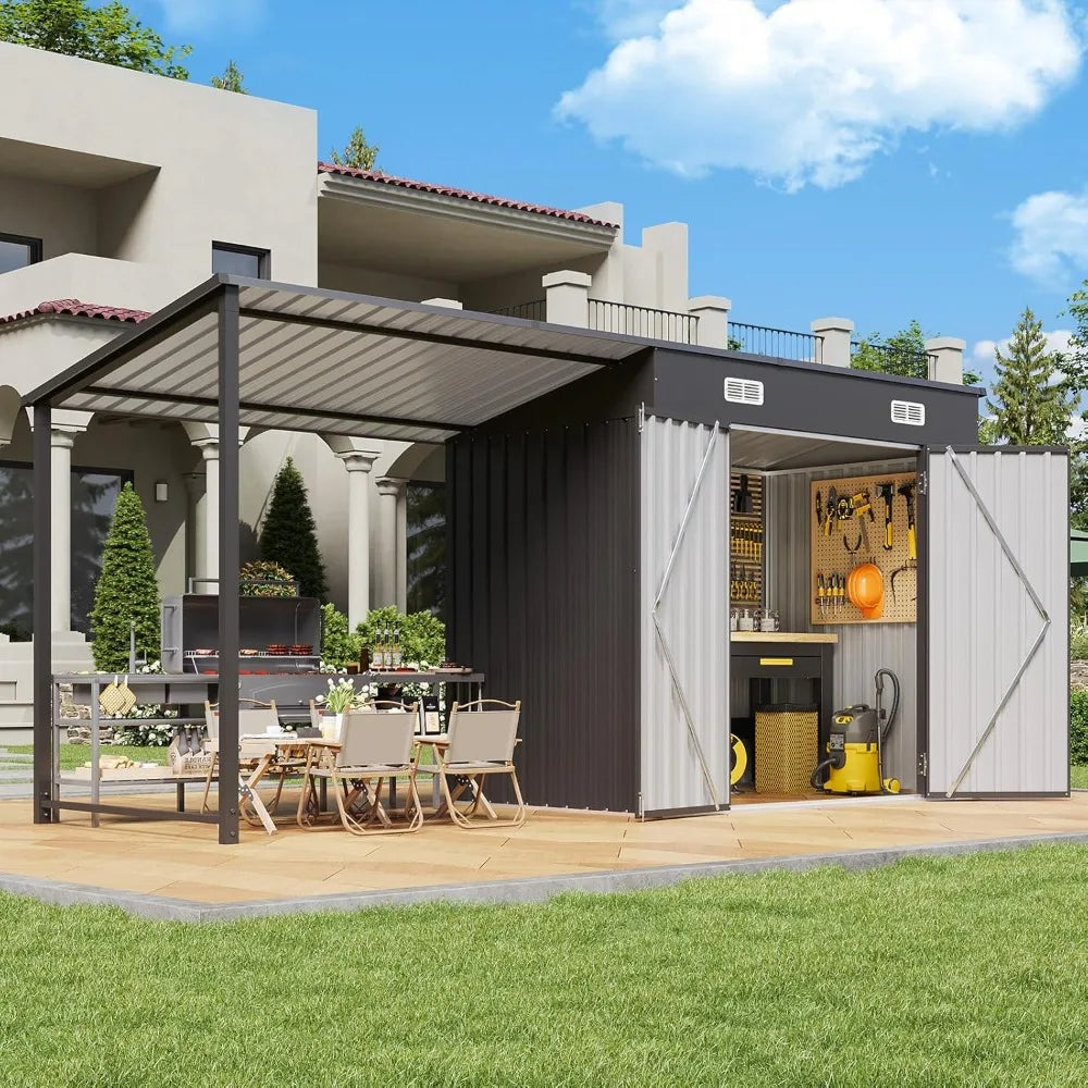 6x4FT Outdoor Metal Shed and Hardtop Gazebo Combo 12x4FT Lean to with Pergola Black.