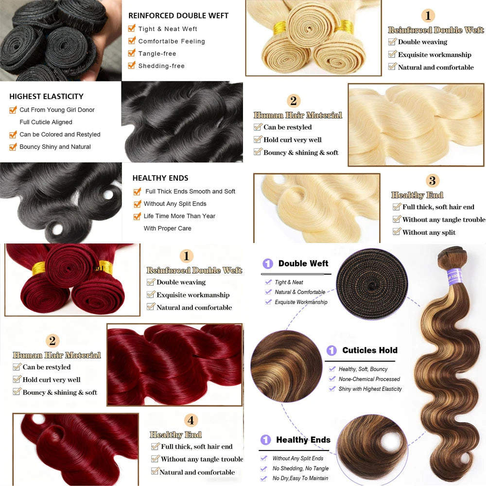 16A Colored 613 Human Hair Bundles, 100% Burgundy Raw Hair Weave Extensions Highlight, Body Wave Bundles Human Hair With Closure.