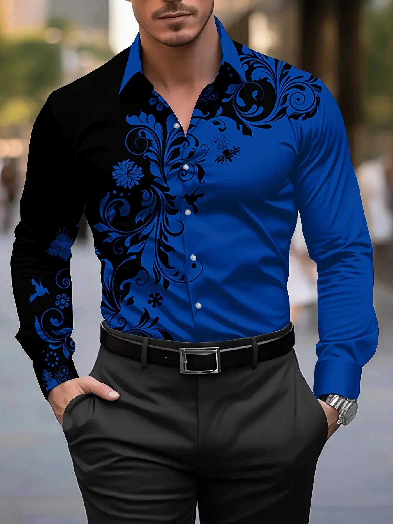 Men Stylish Red Floral Print Dress Shirt - Casual Long Sleeve Button-Up Design.