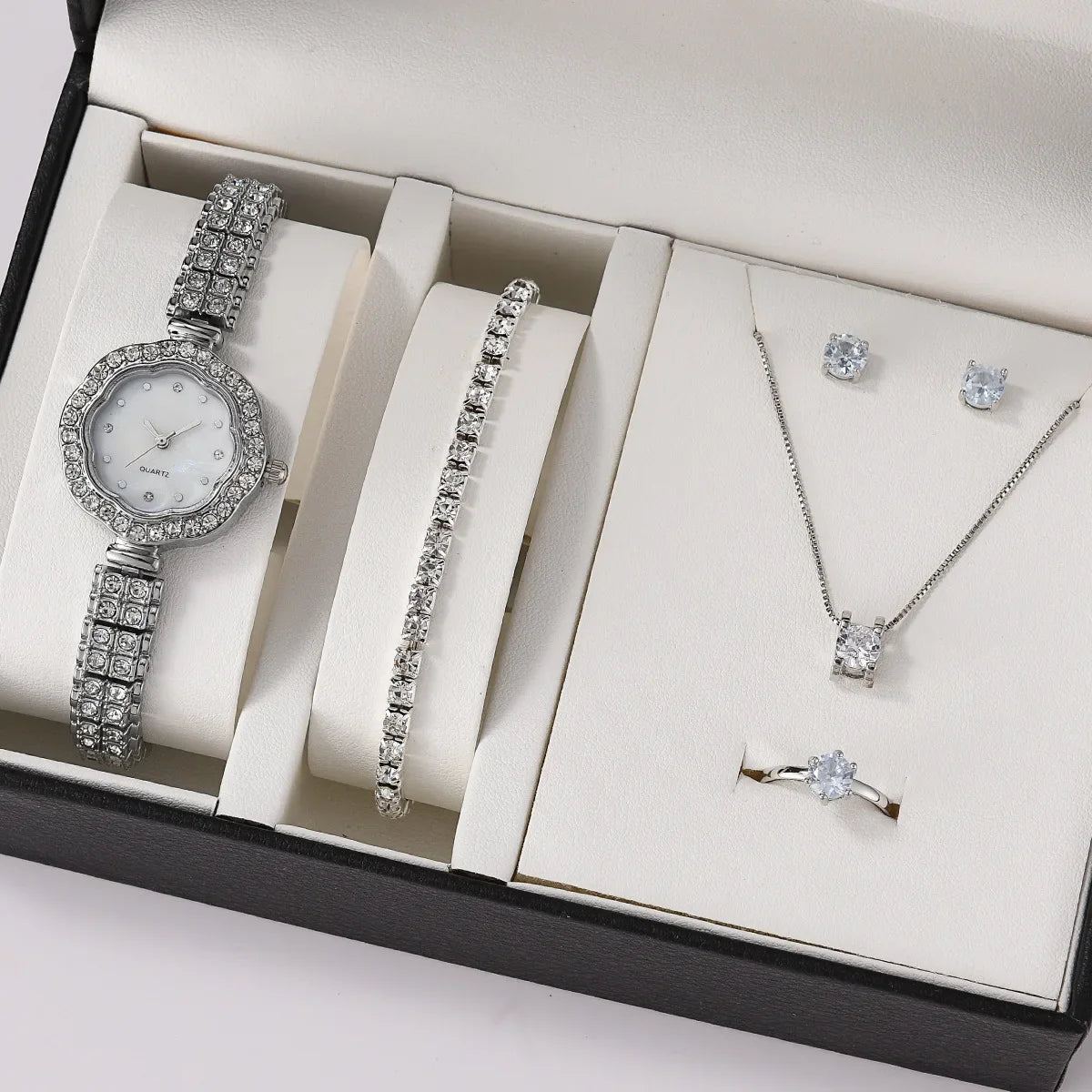 Women Quartz Watch Luxury Diamonds, Simple Stainless Steel Strap, Ring, Necklace, Earrings.