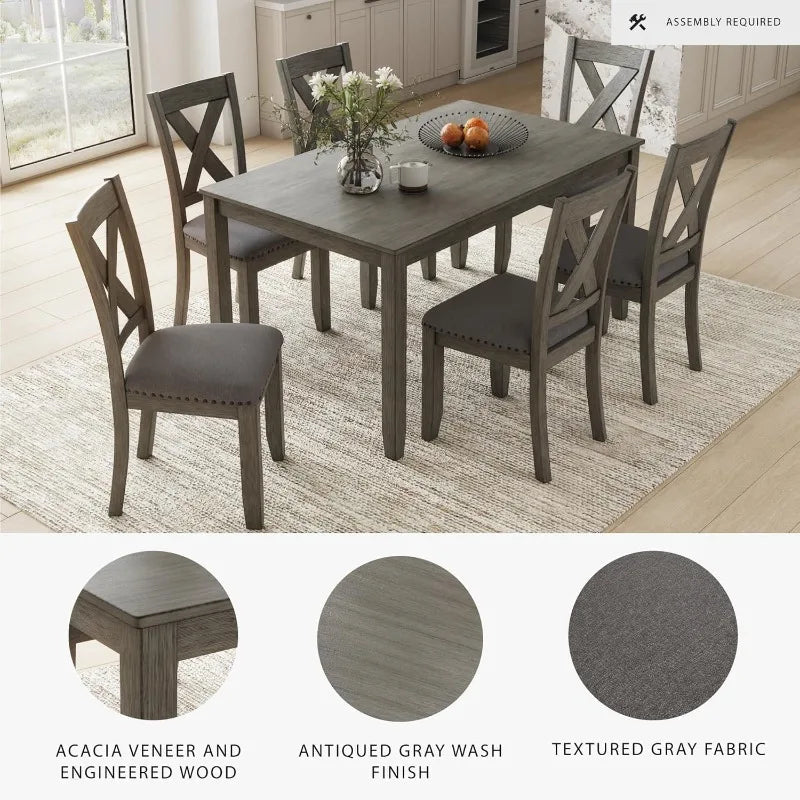 Rustic 7-Piece Dining Set, Gray Rectangular Table, with 6 Upholstered X-Back Chairs, Farmhouse Design.