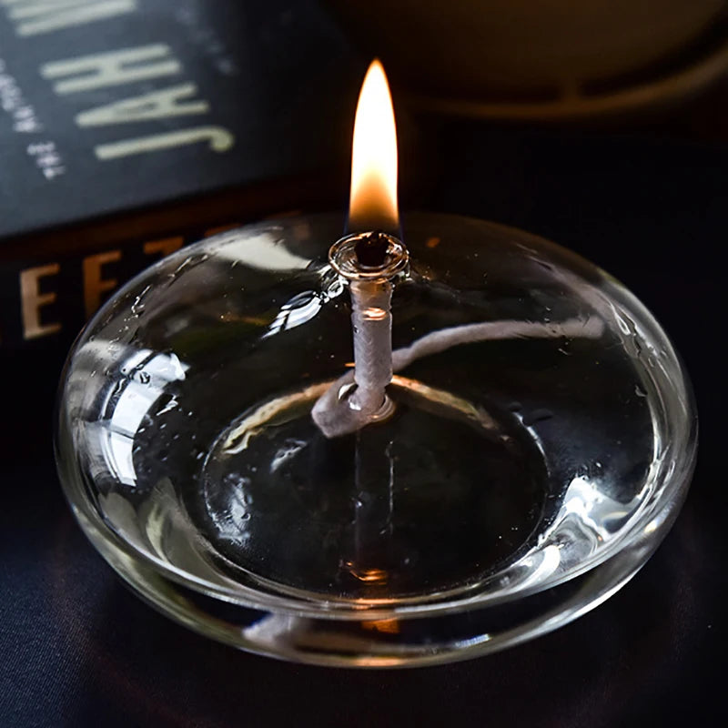 Handmade Oblate Transparent Glass, Oil Lamp Rustic Home Decoration.