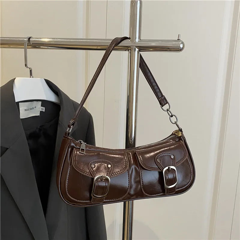 Fashion Pu Leather Women's Shoulder Bag, Small Double Pocket Design Ladies Underarm Bags Y2k. Vintage Female Handbags Clutch Purse