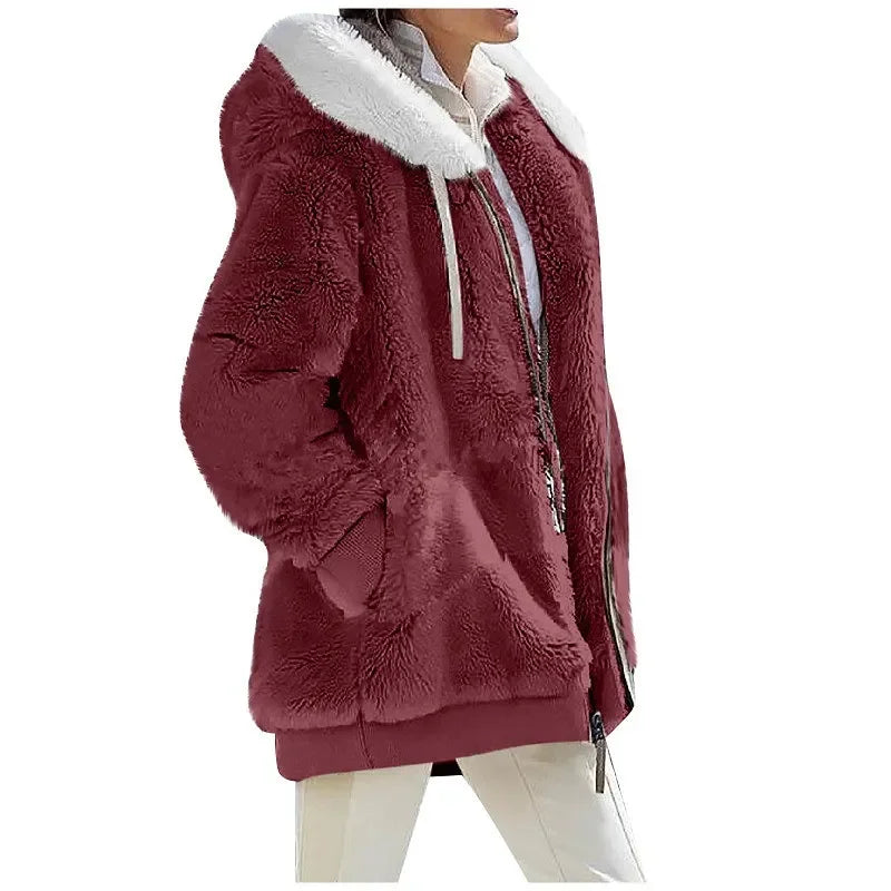 Fashion Women's Coat, Hooded Zipper Lady Cashmere Fleece Jacket.