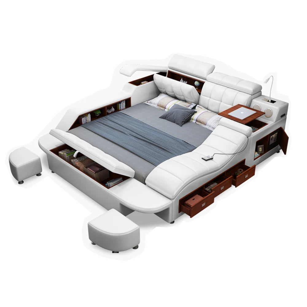 King/Queen Size Multifunctional Bed Tech Smart Genuine Leather Bed with Audio