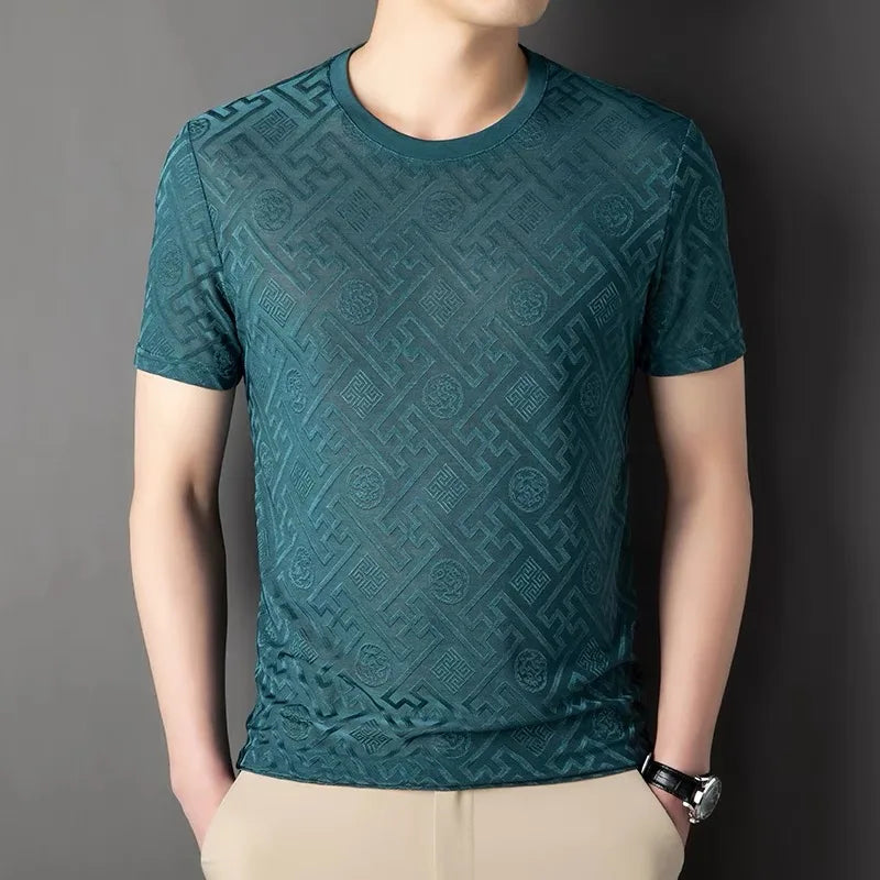 Summer fashion brand high-quality, short sleeve men round neck jacquard design T-shirt.