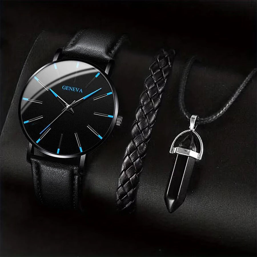 3PCS/Set Men Business Watches  Leather Band Analog Male's Quartz Watch Necklace Bracelet Set.