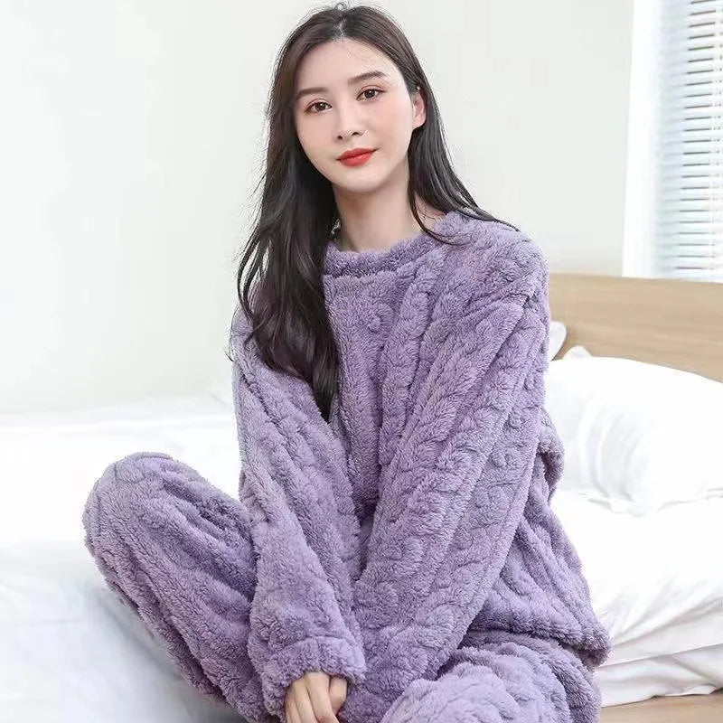 Thickened Warm Autumn and Winter Flannel Pajamas Women Long-Sleeved Loungewear