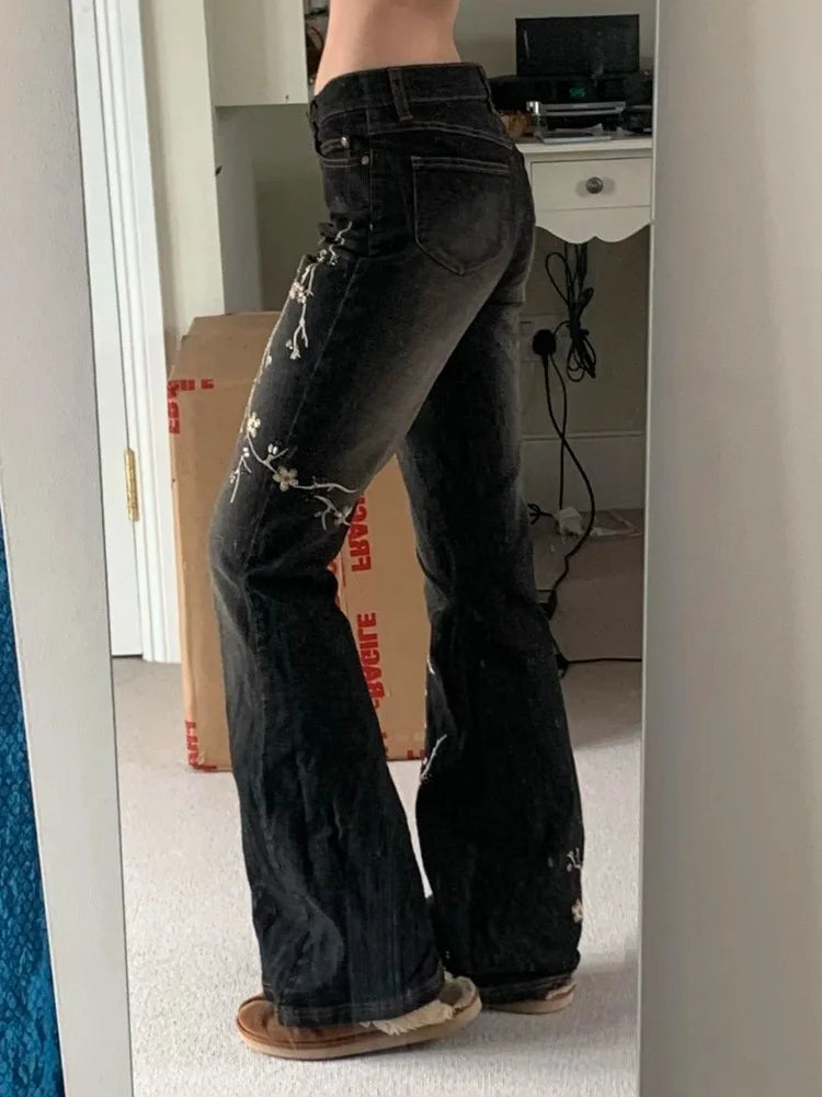 Wee keep Floral Embroidery Jeans Vintage 2000s Low Rise Women Retro y2k Baggy Denim Pants.