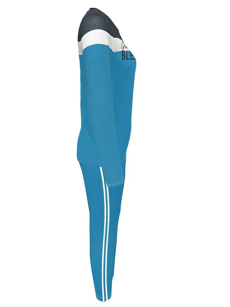 Plus Size Women's Casual Suit, Fashionable Letter Print Striped Color Two-Piece Set.