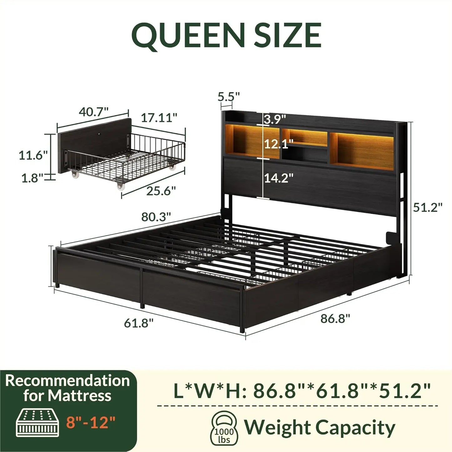 Queen Size Wooden Bed Frame with 6 Drawers, Headboard, LED Lights & Charging Station, No Box Spring Needed, Black.
