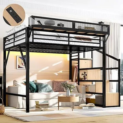 Queen Size Metal Loft Bed Frame, with Storage Stairs, Side Shelf, Wardrobe, USB Ports, and LED Lighting