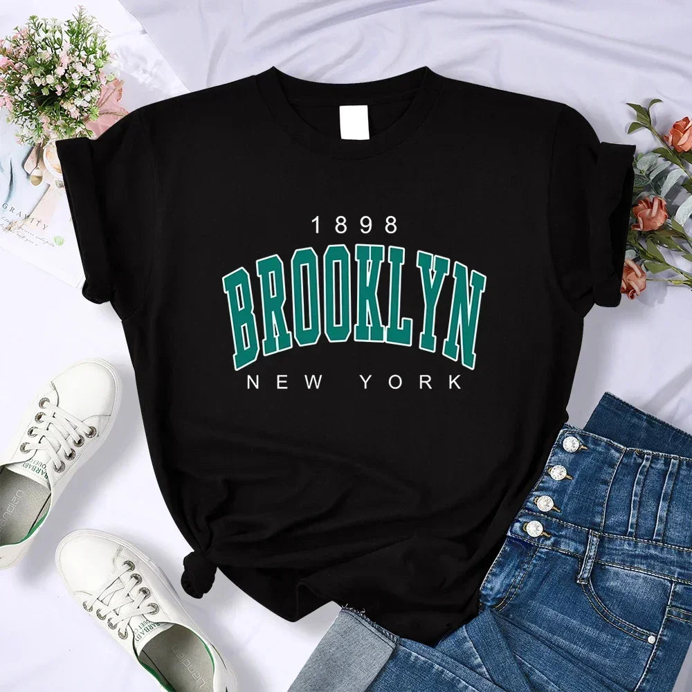 Vintage 1898 Brooklyn New York Women T-Shirts Short Sleeve Casual Clothing .