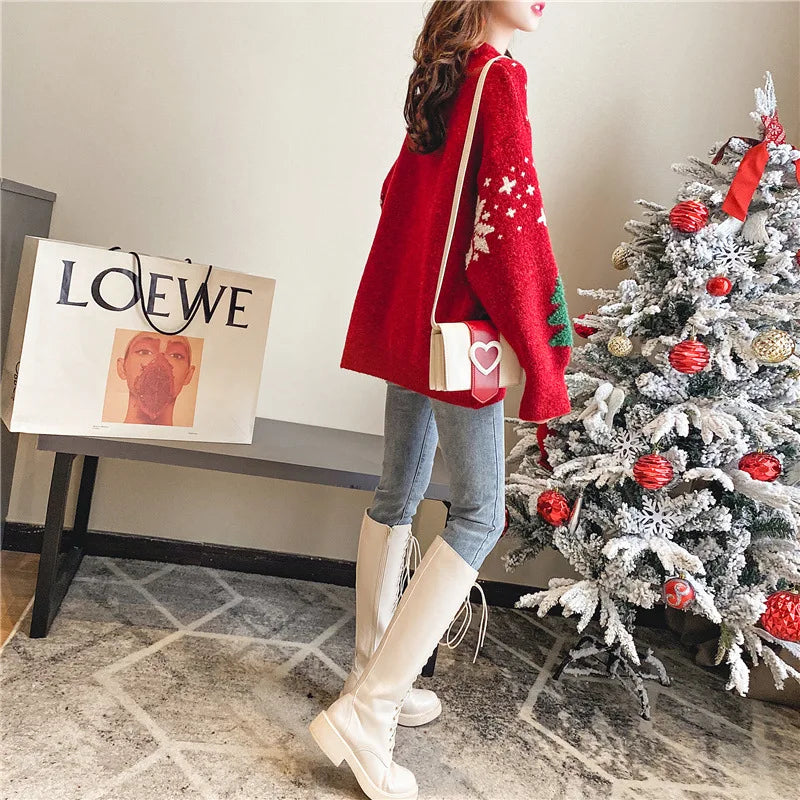 2024 Winter New Christmas Sweater, Women Hoodie Loose Round Neck Lazy Style Tops.