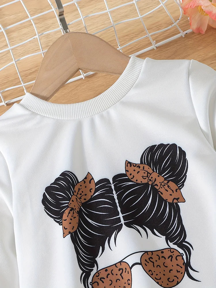 2-Piece Set for Girls: Autumn Portrait Print Round Neck Long-Sleeve Sweatshirt Pants Set.