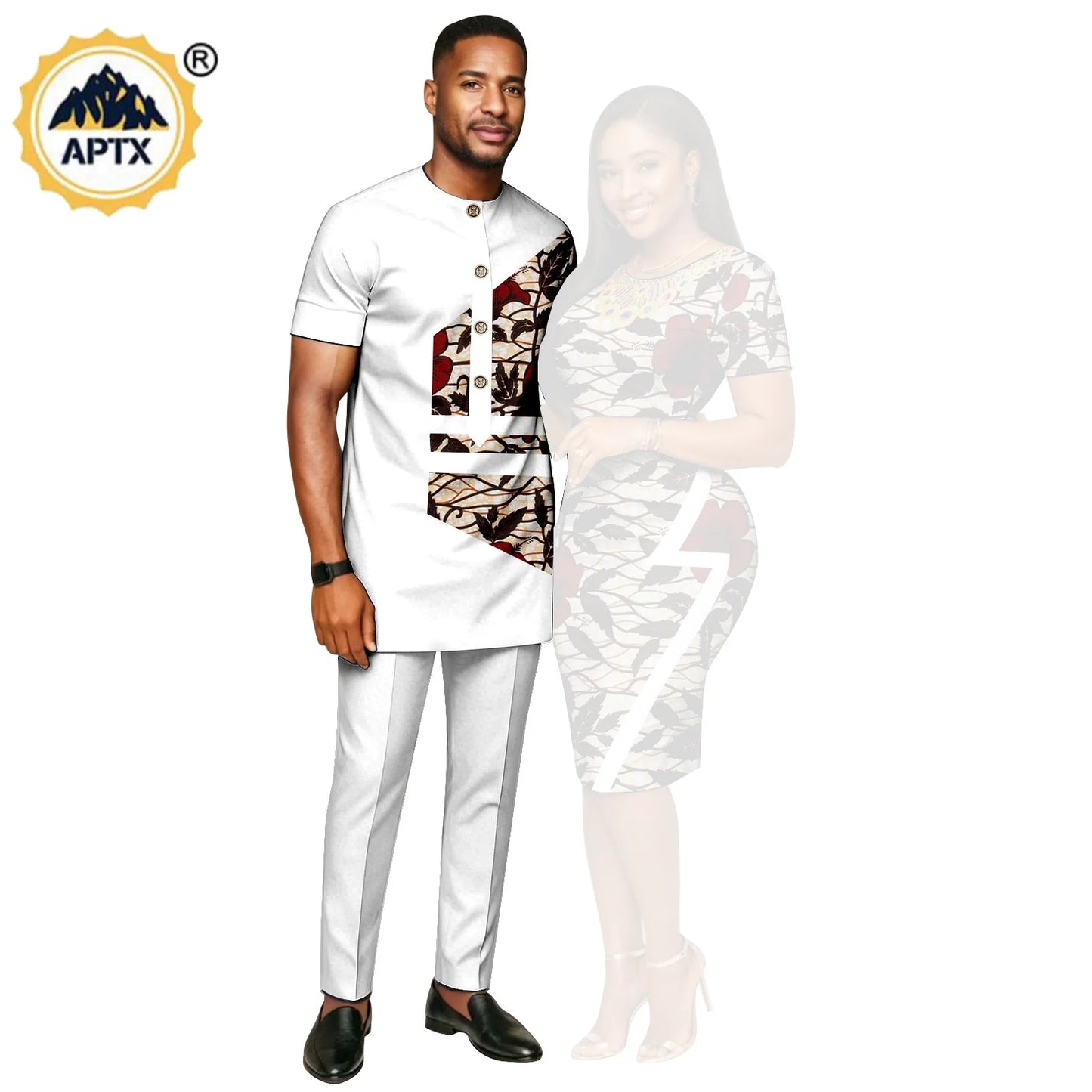 African Print Slim Hip Knee-length Dresses for Women, Matching Couple Outfits Dashiki Men Patchwork Top and Pant Sets 26C019.