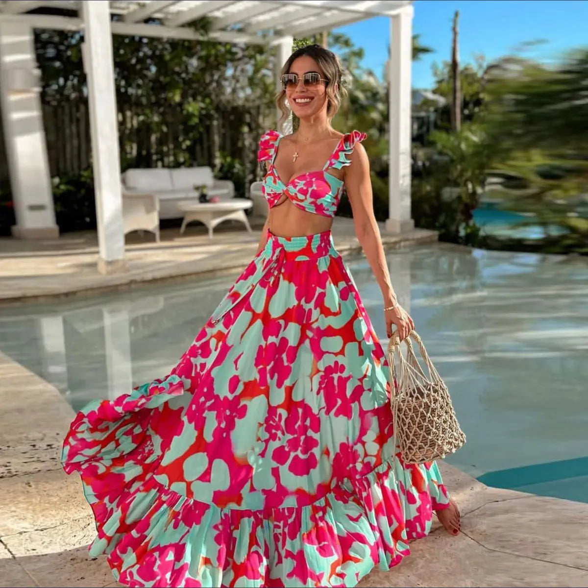 Ruffle Beach Cover Up Floral Hot Swimsuits, 2025 Sexy Beach Outfits For Women, Tunics for Beach Cover Up.