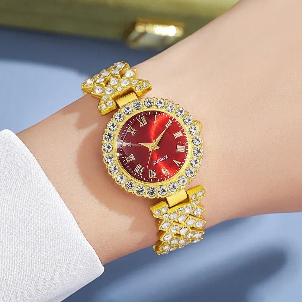 5Pcs Golden Luxury Watch Women Ring Necklace Earring Rhinestone Jewelry Set.