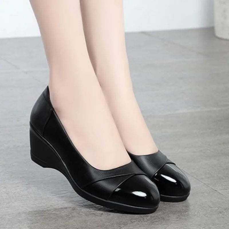 Women Classic Round Toe High Quality Spring Slip on Square Heel Shoes.