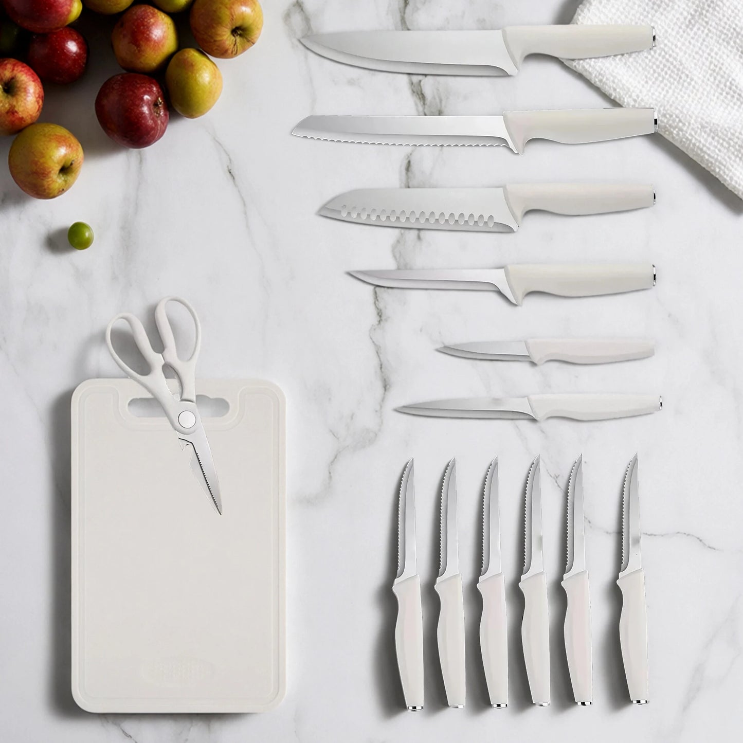 15-piece kitchen stainless steel knife set with knife holder, space-saving storage, full handling of ingredients.
