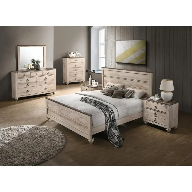 Contemporary White Wash Finish 6-Piece Bedroom Set: King Bed, Dresser & Mirror, 2 Nightstands, Chest