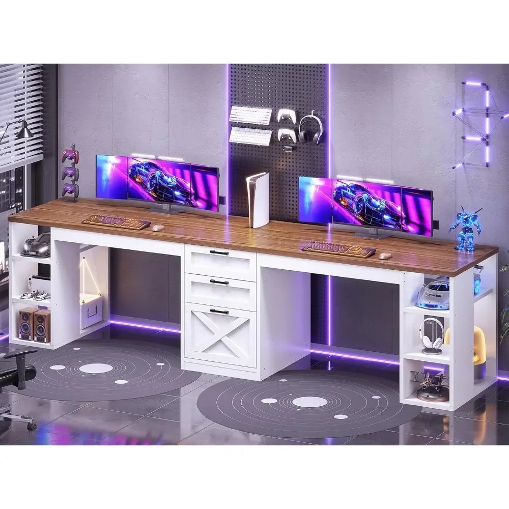 Farmhouse 96.5 Computer Desk with Drawers, 2 Person Home Office Desk.