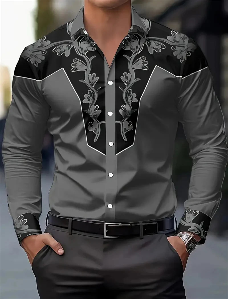 Men Long Sleeve Shirt, 3D Printing Style Vintage Denim Comfortable High Quality.