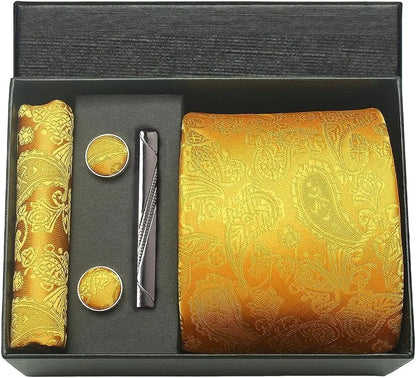 100% Silk Necktie Paisley Floral Men Business Tie, Pocket Square ,Tie Clip ,Cufflinks Set  Gift Box.