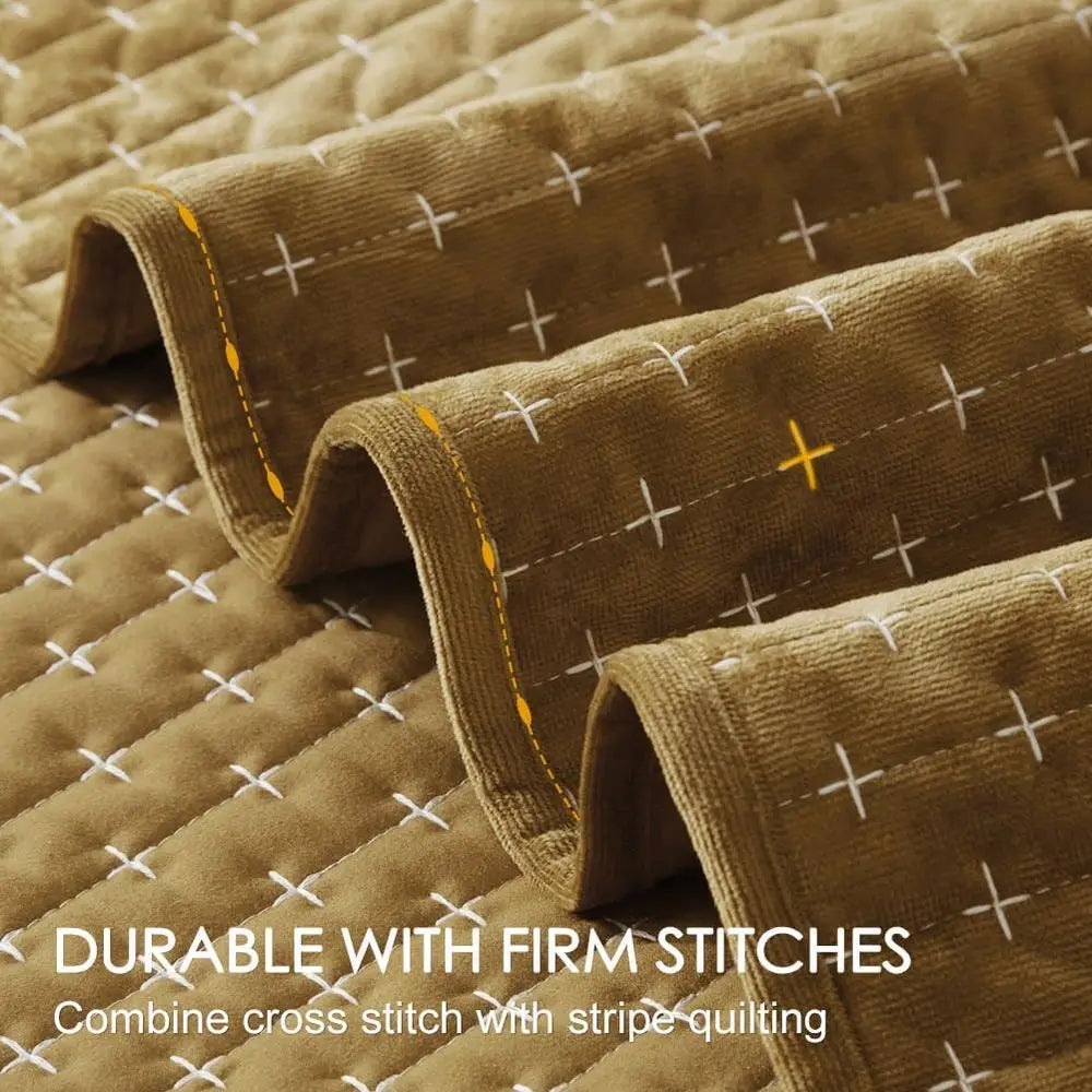 Luxurious King Size Velvet Quilted Coverlet Set with Pillow Shams in Brown, 96x106 Striped Comforter.