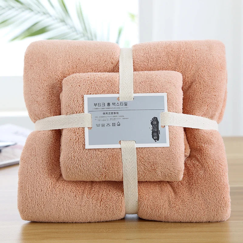 2pcs Set Luxury Super Large Towel Coral Fleece Bath Towel  Set for Adults 70x140cm 35x75cm