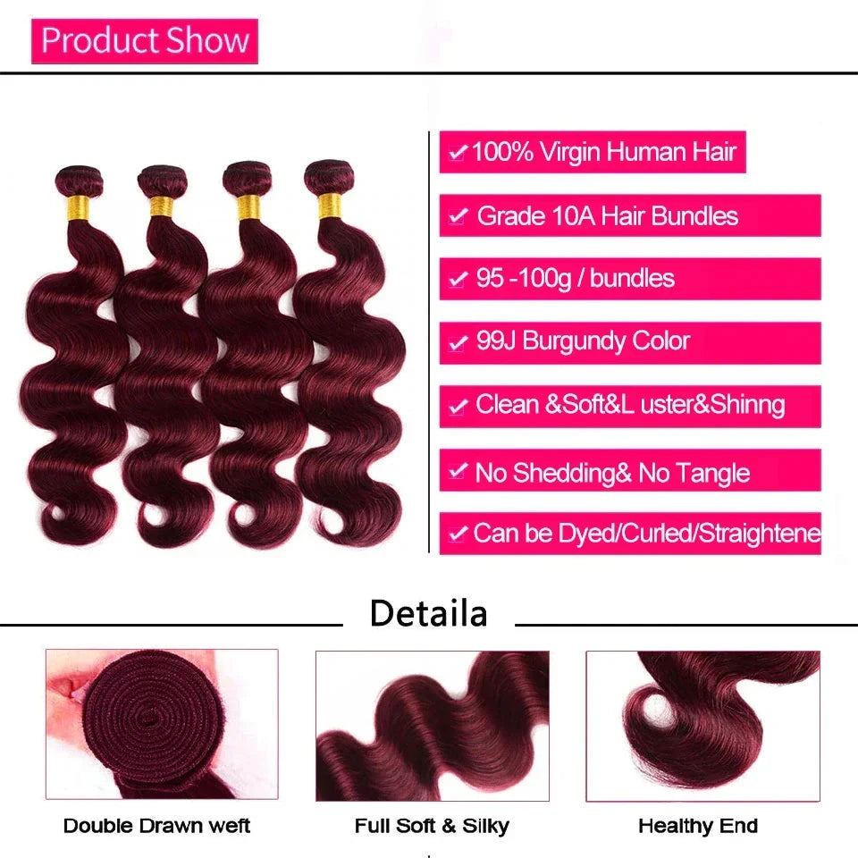 14A 99J Burgundy Body Wave Human Hair Bundles ,36 38 Inch Wine Red Brazilian 100% Unprocessed Raw Hair Bundles Extension Deals.