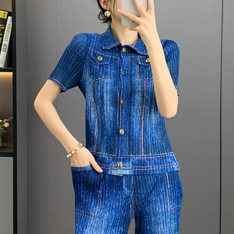 Denim Print Pleated Women's Two Pieces Set