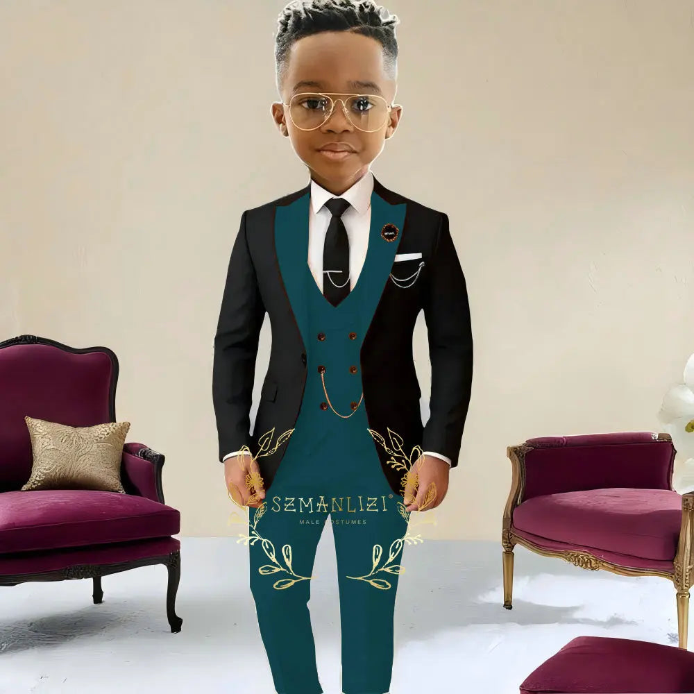 Boys Suit , Tuxedo Black Jacket, Beige Pants ,Vest 3 Pieces Set Kids 2-16 Years Old.