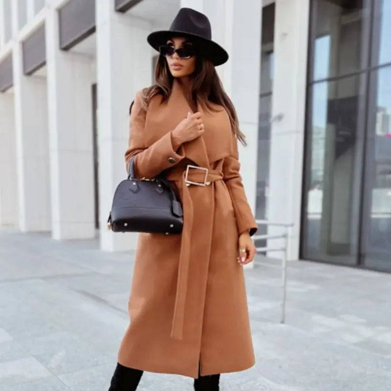Women's Coat - Belted Wrap Winter Overcoat with Wide Lapel.