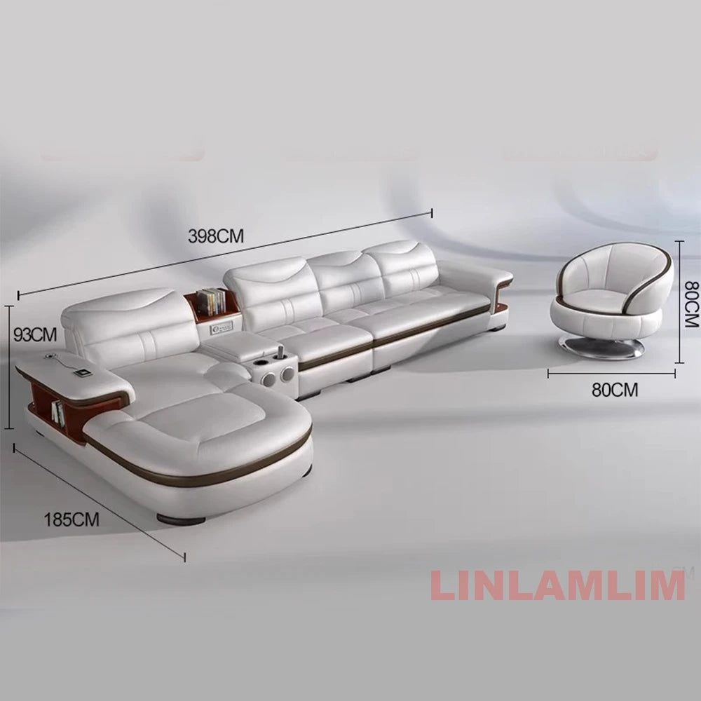 L-Shaped Sectional Sofa with Chaise, Genuine Leather adjustable headrest, Storage, USB,