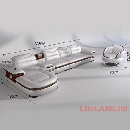 L-Shaped Sectional Sofa with Chaise, Genuine Leather adjustable headrest, Storage, USB,
