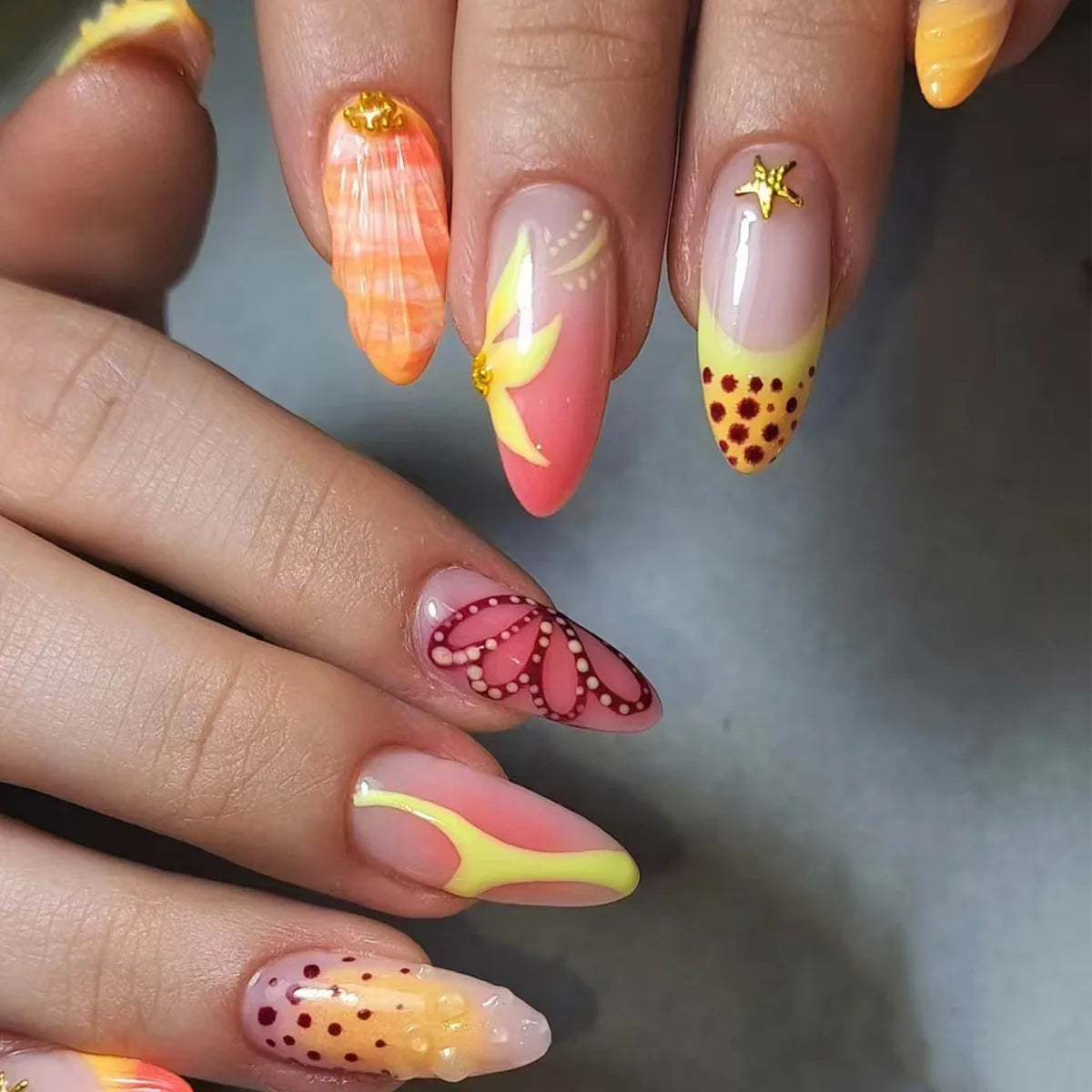 24Pcs Mid-length Almond Press on Fake Nails,3D Ripple Heart ,Pearl Star, Blue Smudge Detachable Full Cover Nails Tips.